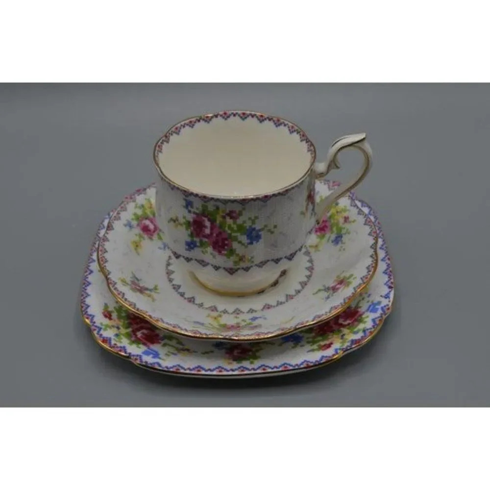 Royal Albert Petit Point Trio Teacup Saucer Plate Set Needlepoint Pattern Blue